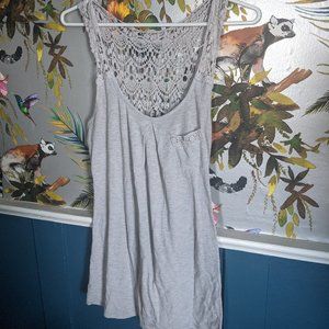 Light Grey Lace Back Tank Top w Front Pocket